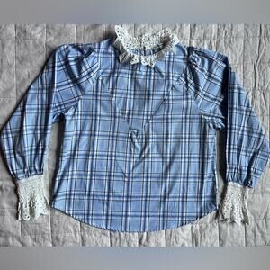 English Factory White Eyelet Ruffle Blue Plaid Poplin Long Sleeve Blouse - Small
